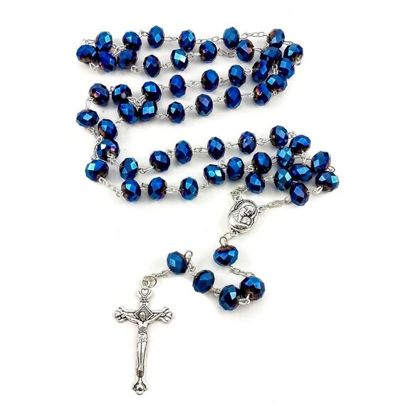 Source Unknown Jewelry - Deep Metallic Blue Crystal Rosary Necklace Jesus Cross Religious Jewelry NWOT